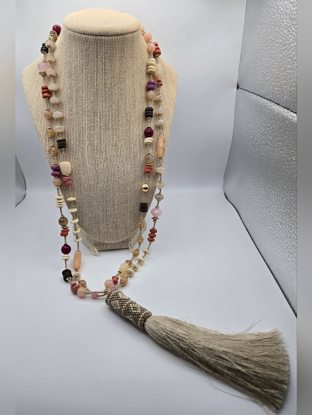 NWT Chico's Mirai Multi Neutral Tassle Necklace Long Boho Summer Pink Goldtone